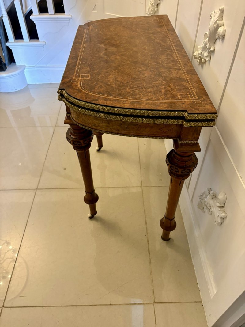 Antique Victorian Burr Walnut Card Console Table with Ormolu Mounts and Inlay - Image 13